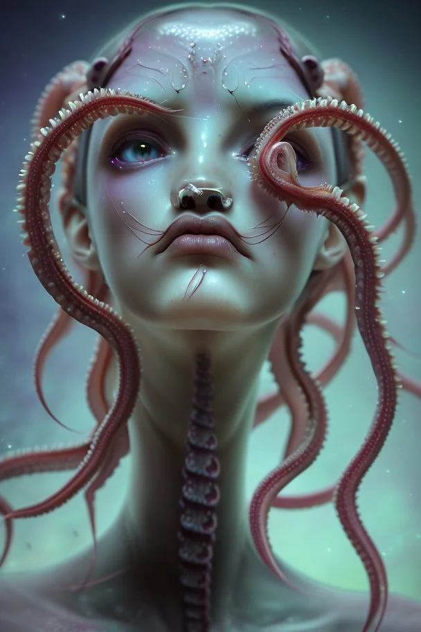 gorgeous female humanoid, tentacles, looking downward, piercings, beautiful face, mesmerizing starry eyes, smooth translucent skin, transcendental