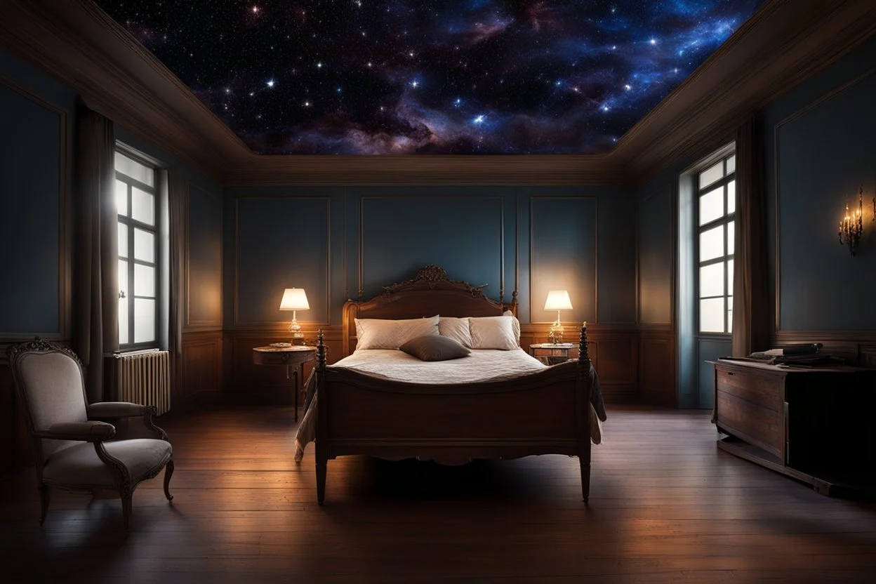 strange evening in vintage bedroom, deep dark colors, old wood floor, old antique bed, pale lights, sharp contours, old balkony, ceiling the galaxy with stars, nightly lights, etheral, stunning, cinemeatic