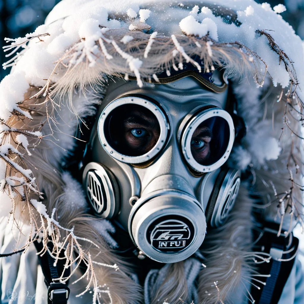 close up documentary photography, Yeti In a Respirator, Dystopian, Japanese, Extreme depth of field, bokeh blur, winter, blizzard, Alberta, all-natural, in the style of candid, imperfection, natural lighting, light-focused, Professional shot, shot on Agfa, Fuji Film, Anamorphic lens, 1980s, taken with Hasselblad --ar 4:5 --w 150 --style raw