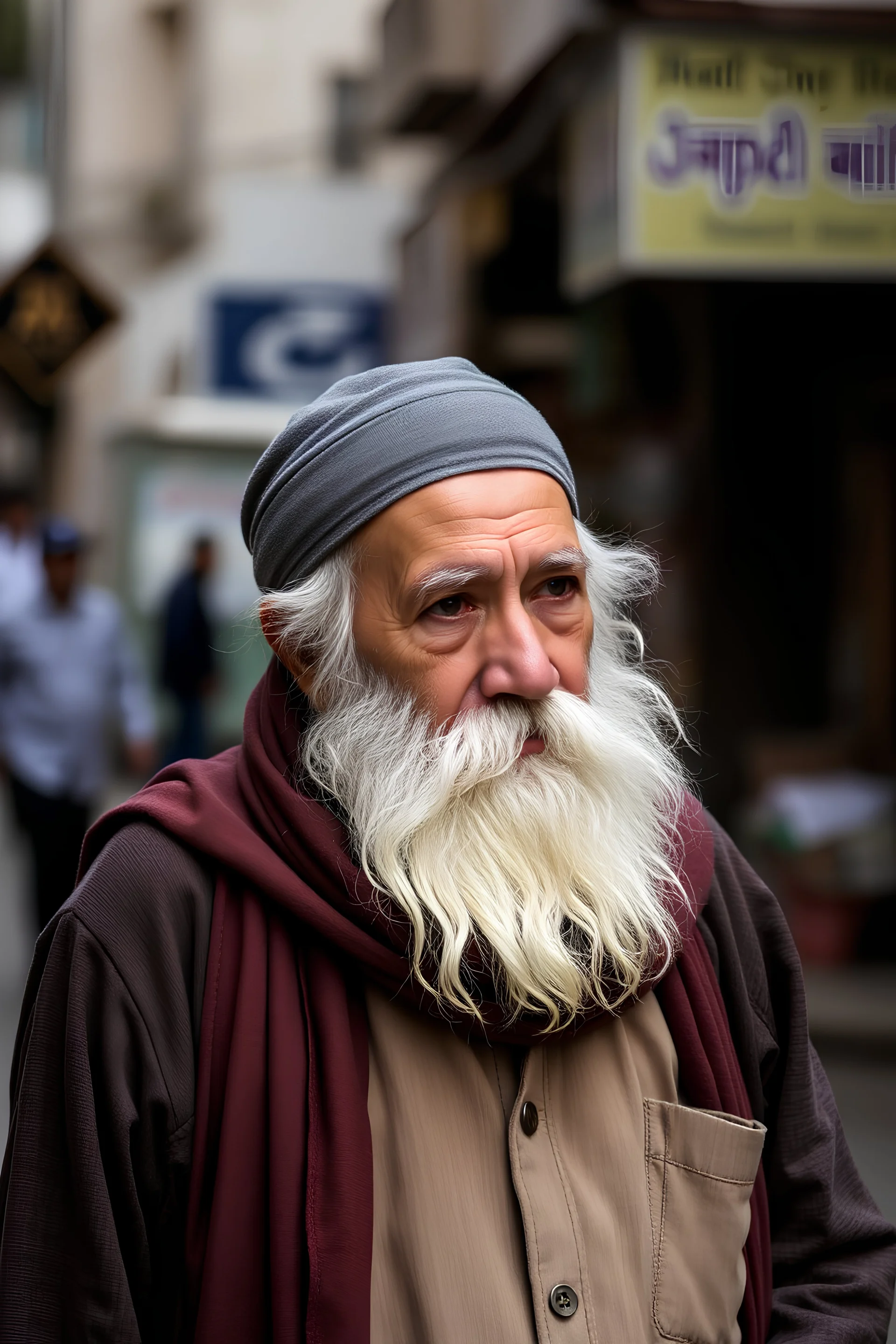 An old Muslim man with a thick white beard, dressed as a poor man, standing in the street and looking forward.