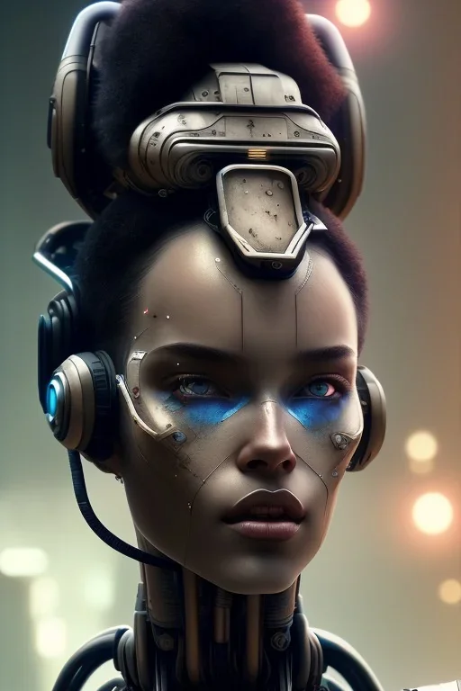 portrait,beautiful brown hair african robot, post-apocalyptic in a cyberpunk city, realistic, intriacte detail, sci-fi fantasy style, volumetric lighting, particales,highly detailed,cinamatic, deep colours,8k