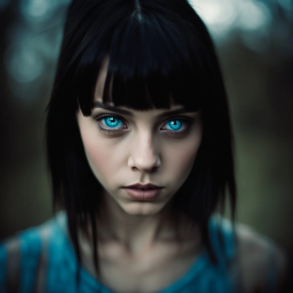 portrait of a 15 year girl with black hair and blue eyes, toned body and haunted expression