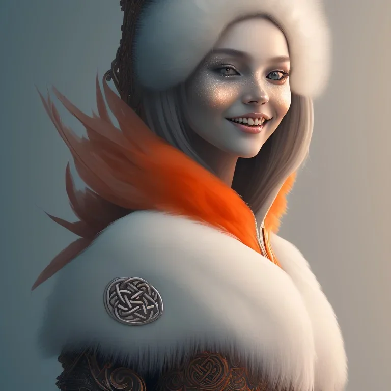 A beautiful portrait of a cute woman orange color scheme, high key lighting, volumetric light high details with white stripes and feathers and celtic paterns, animal skin-color-grey-jacket, medium-sharp-teeth of vampire, cute smile