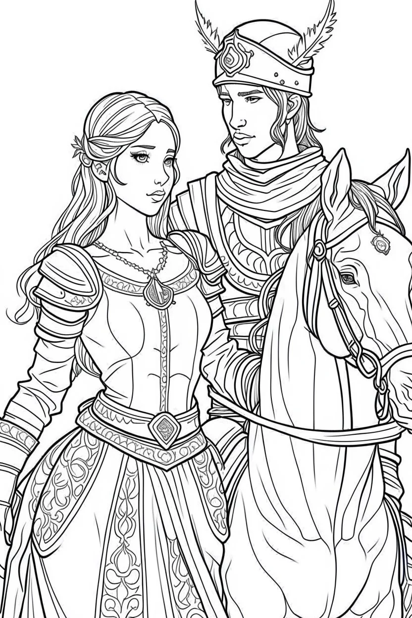 Fantasy coloring page, minimal detail. HD. Woman holding a male knight