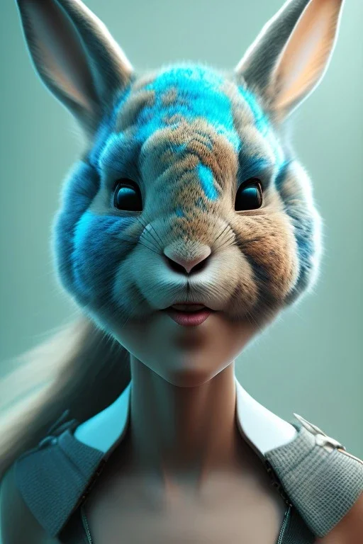 Portrait Sweet Rabbit ceramic mask, rock, cyan suit, photo studio, black background, unreal engine 5, concept art, ray tracing, lumen lighting, ultra detail, volumetric lighting, 3d.