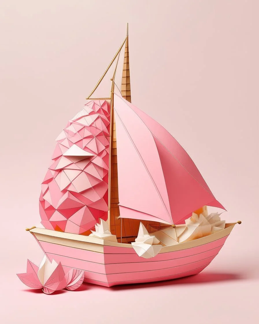 A pink and light pink ice cream themed shipyard designed in Japanese origami painted by Gustave Courbet