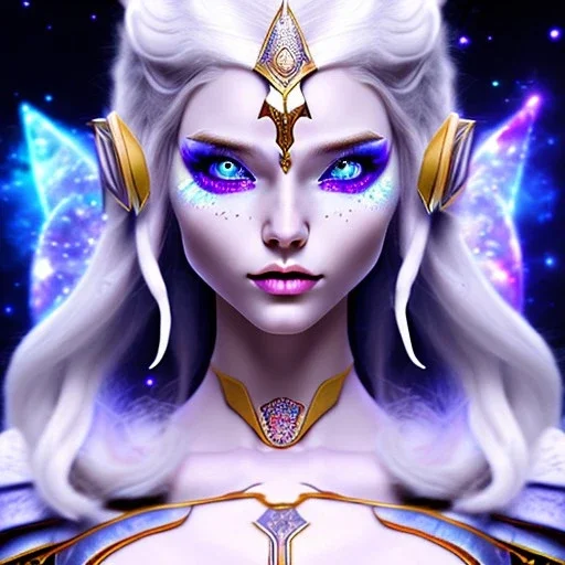 cosmic mage, elf, female, battle mage, cosmic sword, epic, cosmic magic, staff, long ears, white hair, face details, odd-eyes, pale skin, detailed eyes, jewellery, broad shoulders, glimmering eyes