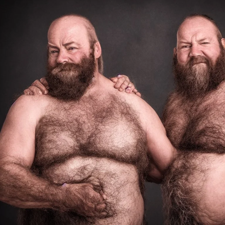 portrait photo of two 55 years old vikings embraced muscular chubby and hairy beard manly chest hairy shoulders emotive eyes hyper-realistic 4k cinematic photographic