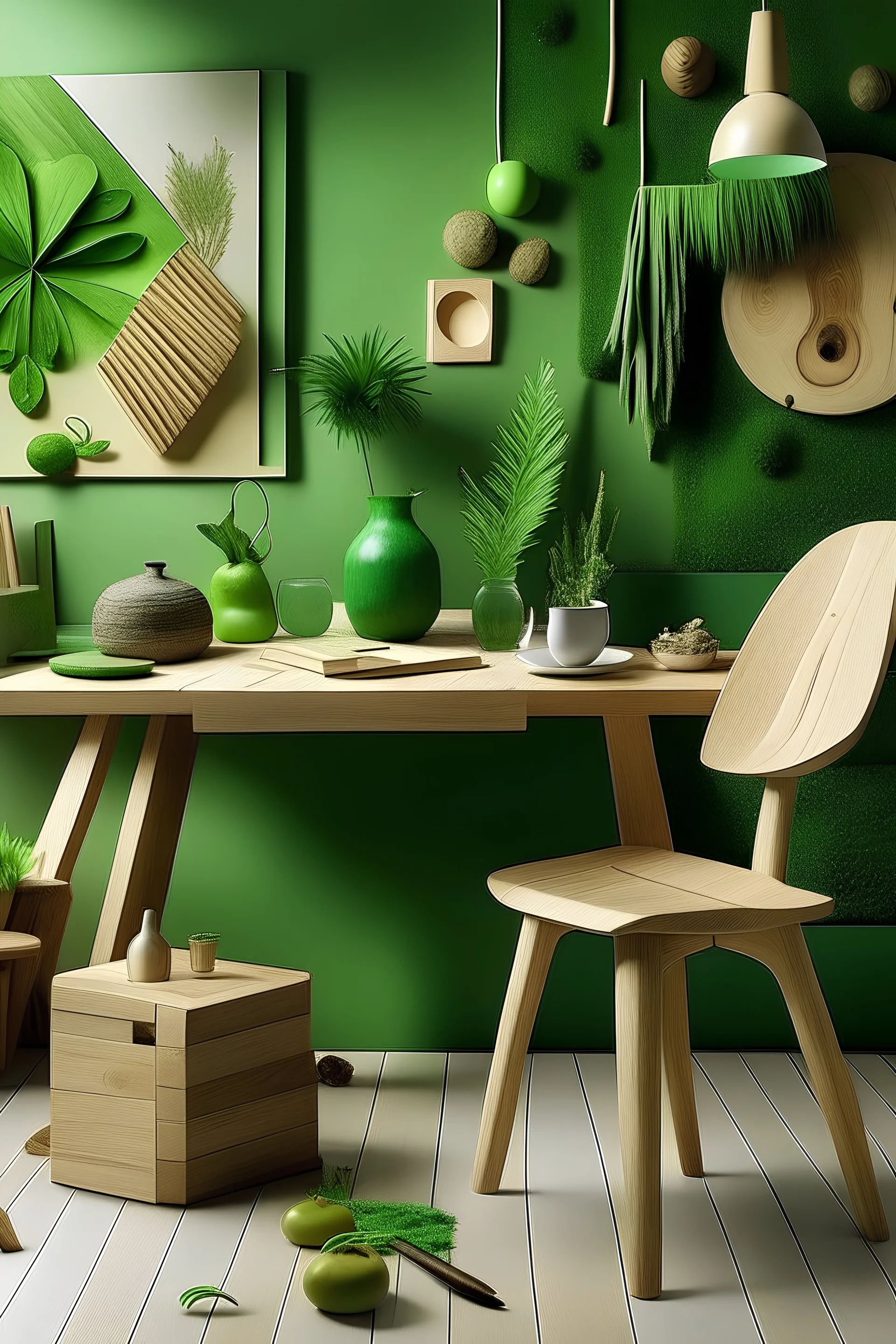 Moodboard: green, chair, table, materials wood and knick-knacks,