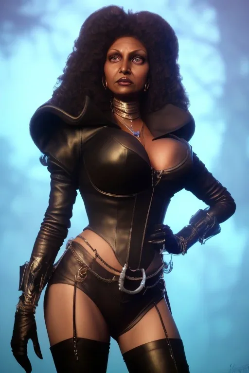 Pam Grier as evil queen in black leather, leather, busty, cleavage, angry, stern look. character design by cory loftis, fenghua zhong, ryohei hase, ismail inceoglu and ruan jia. unreal engine 5, artistic lighting, highly detailed, photorealistic, fantasy