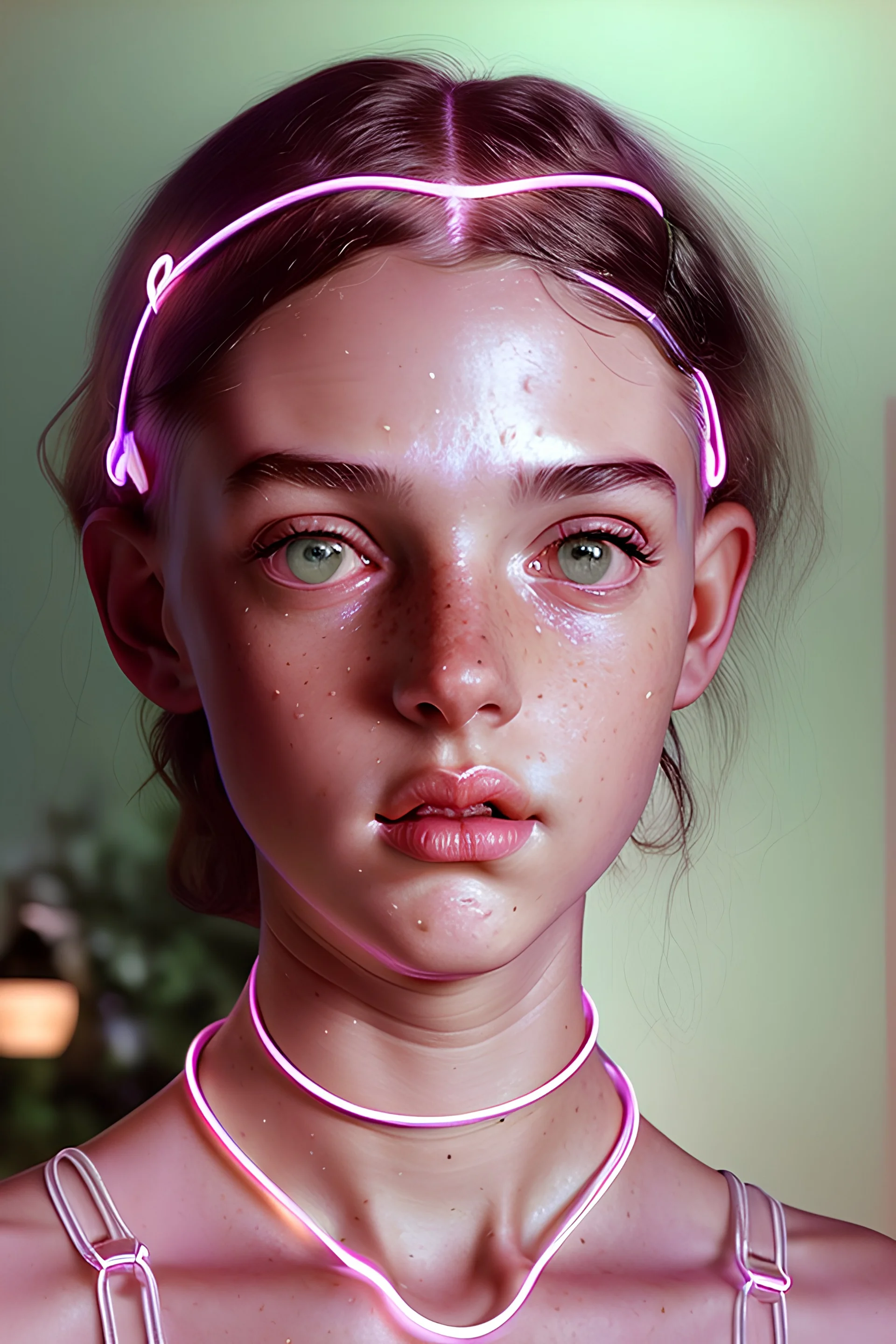 Ultra realistic rendering of Norman Rockwell illustration style Pert, freckled, thin teen girls with lavender 50s style hair and jewelry, in glowing neon bondage harnesses kissing