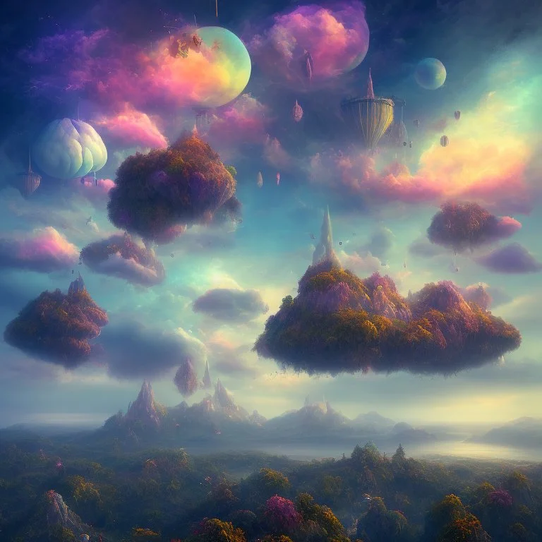 6. Create a surreal and dreamlike landscape with floating islands and colorful skies