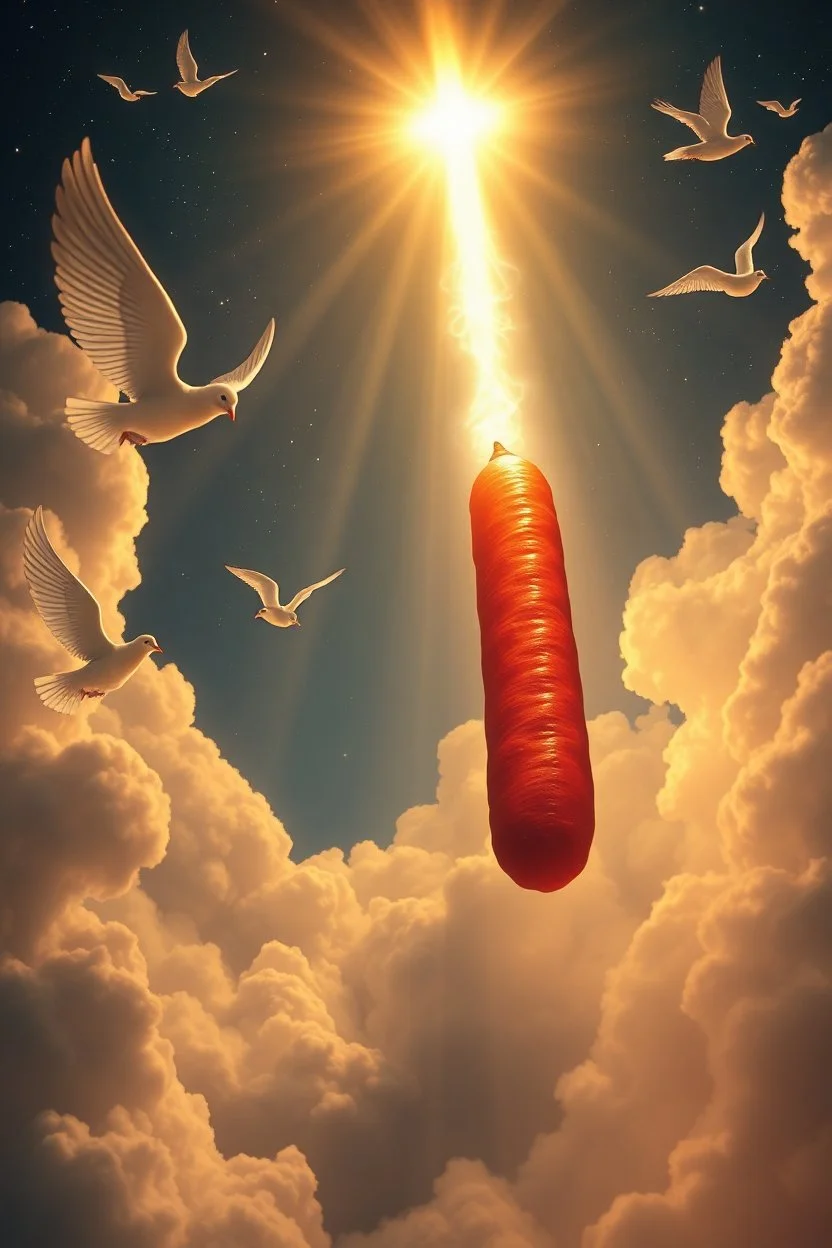 den heliga "bången" (gigantic big long glowing meat sausage pointing out from Jesus Christ body) i himlen, guds röst ekar, flygande duvor sjunger, keruber dansar, evigt liv
