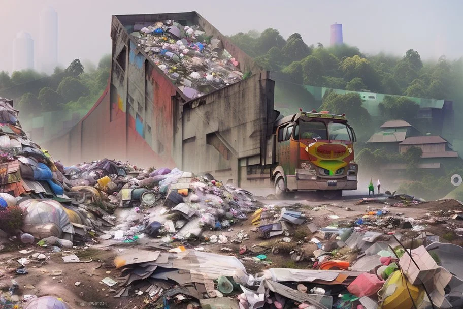 garbage dump, hills, smog, with pollution, double exposure photography, colourful nature, clean sharp focus, on white background, Fractal Geometry, sacred geometry, hyper detailed,