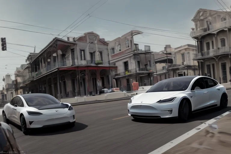 A Tesla 'Model S' is drifting at high speeds, on the streets of New Orleans. (CINEMATIC, WIDE ANGLE LENS, PHOTO REAL)