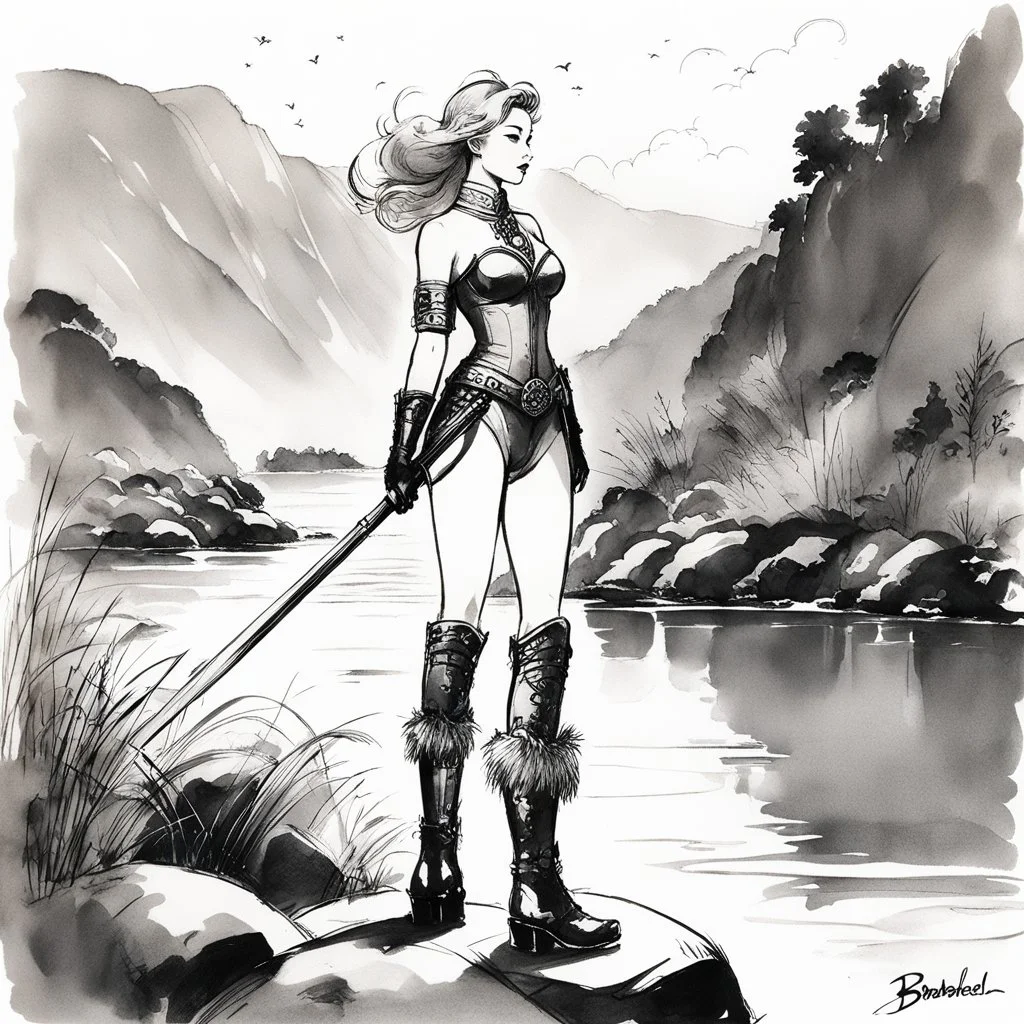 [traditional Chinese brush, expressive line, ink washes] Barbarella in boots standing close to a river