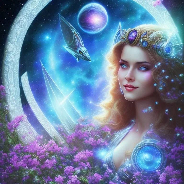 belle Femme cosmique souriante, Stargate , ovni , étoiles, couleur bleu, fleurs , cascade