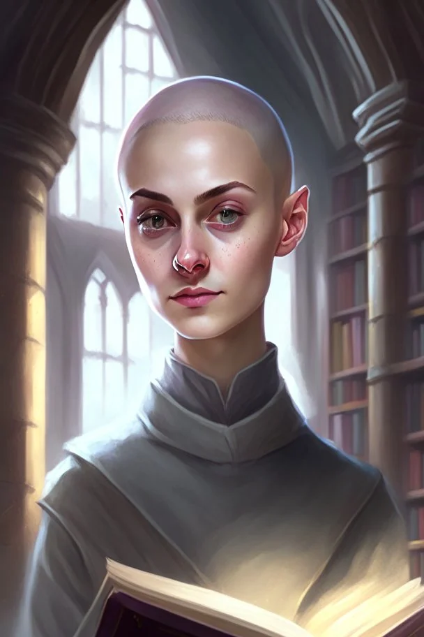 full color portrait drawing, portrait, fantasy setting, 22-year old female human cleric, shaved head, light eyebrows, grey eyes, background library