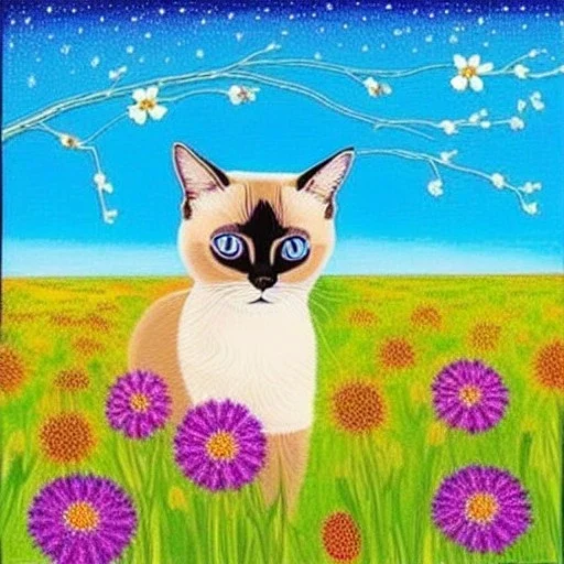 adorable siamese cat, beautiful portrait, natural landscape, cosmic atmosphere, perfect composition, 8k, super detailed, delicate flowers, complementary colours, intricate details, people