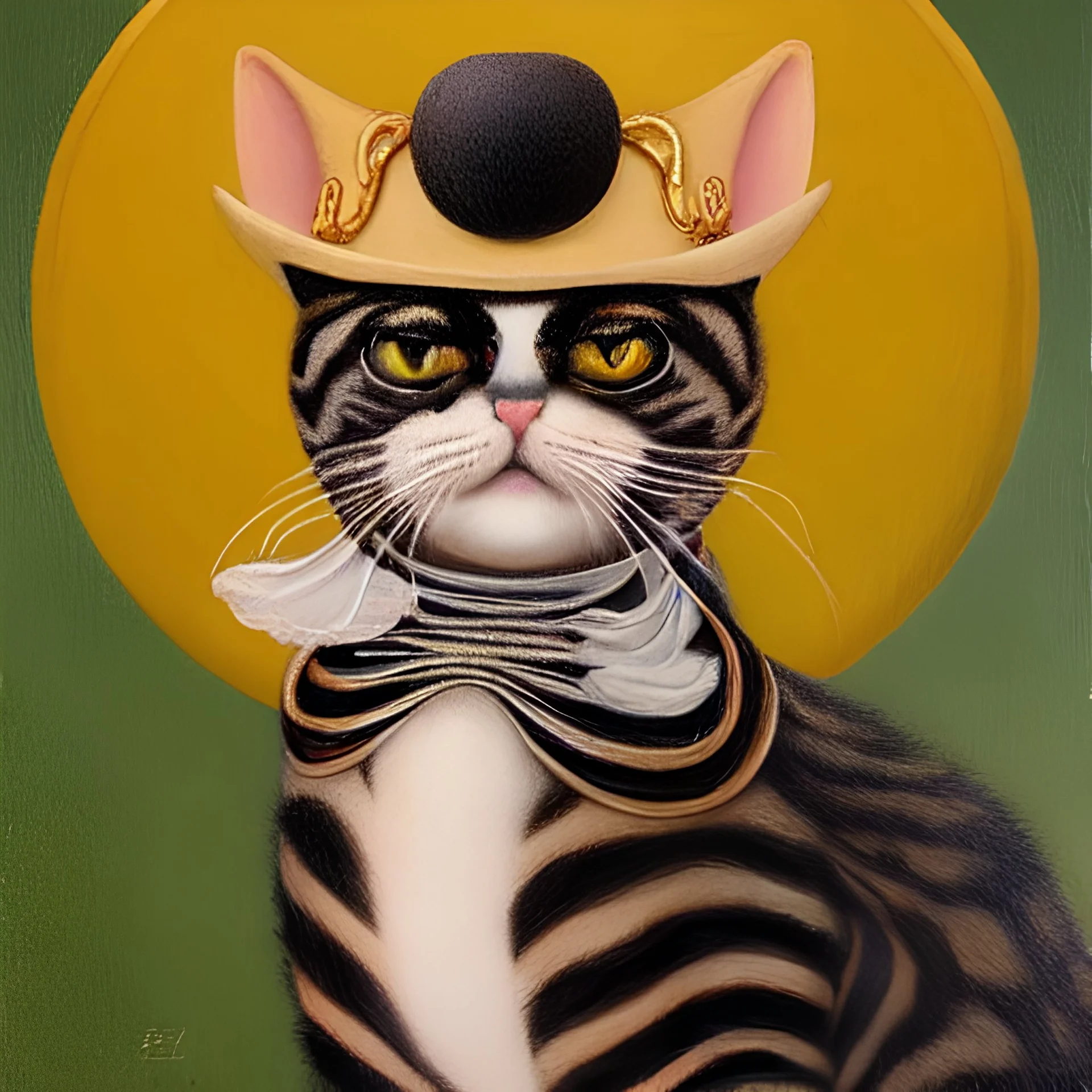 oil painting of a beautiful symmetrical cat with a summer hat, XIX century, classic japanese, arabesque by El Bosco