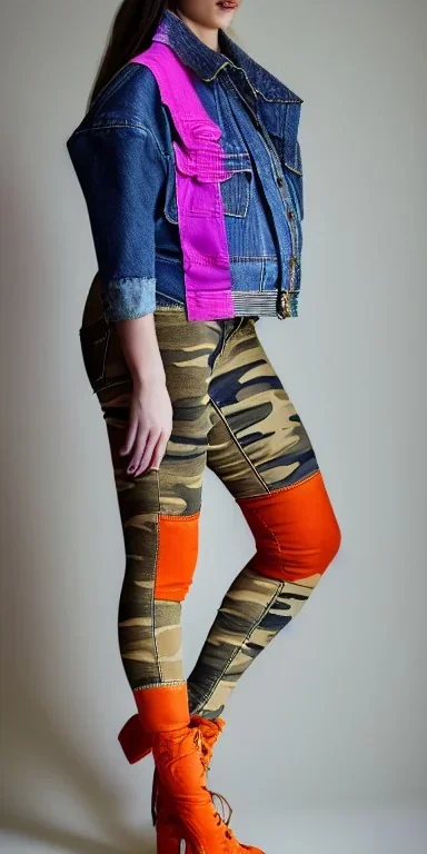 Model, woman. sérigraphie on denim with orange,terracotta, cream and purple colors. Camouflage patterns are screen printed on denim. Brunette woman in her 30's. thick thighs, thick calves, flat belly, wide hip. Mantle is sewed of recycled Denim and sewed together of camouflage pieces. It is with big bright purple felt tippet and cream-colored-hood. mantle is merged with satchel. Style: Haute Couture in 1920's and 1990's in New York. Paris in 2023