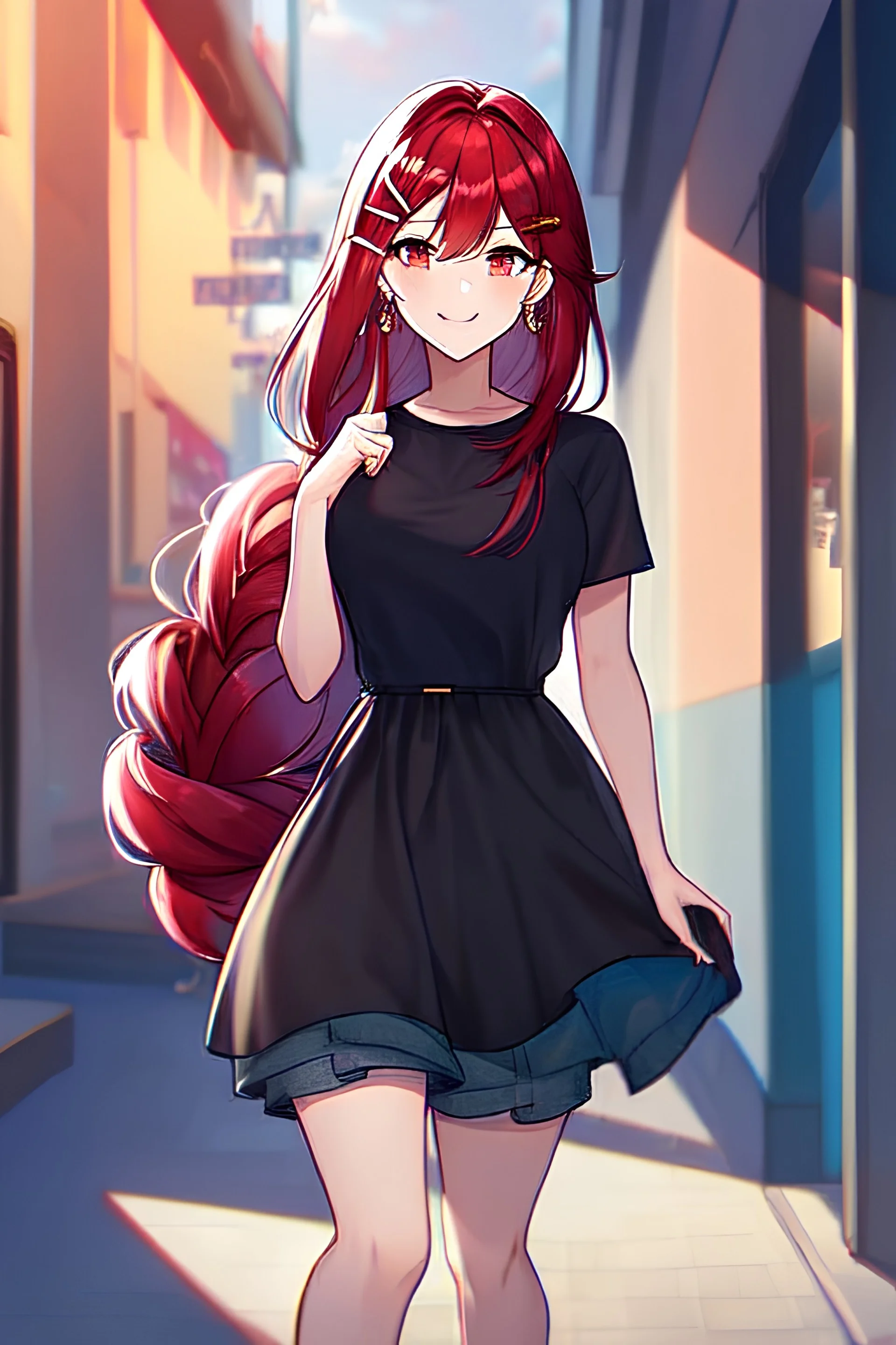 girl, masterpiece, best quality, cinematic lighting, detailed outfit, vibrant colors, perfect eyes, red hair, red eyes, long hair, braided ponytail, hairclip, earrings, smile, casual clothes,