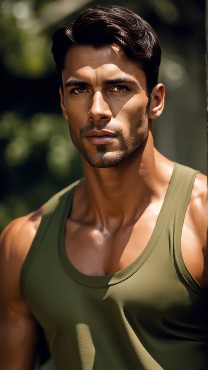 Portrait of an Olive skinned Man, very muscular, very handsome with short dark hair and a neatly trimmed beard, photorealistic