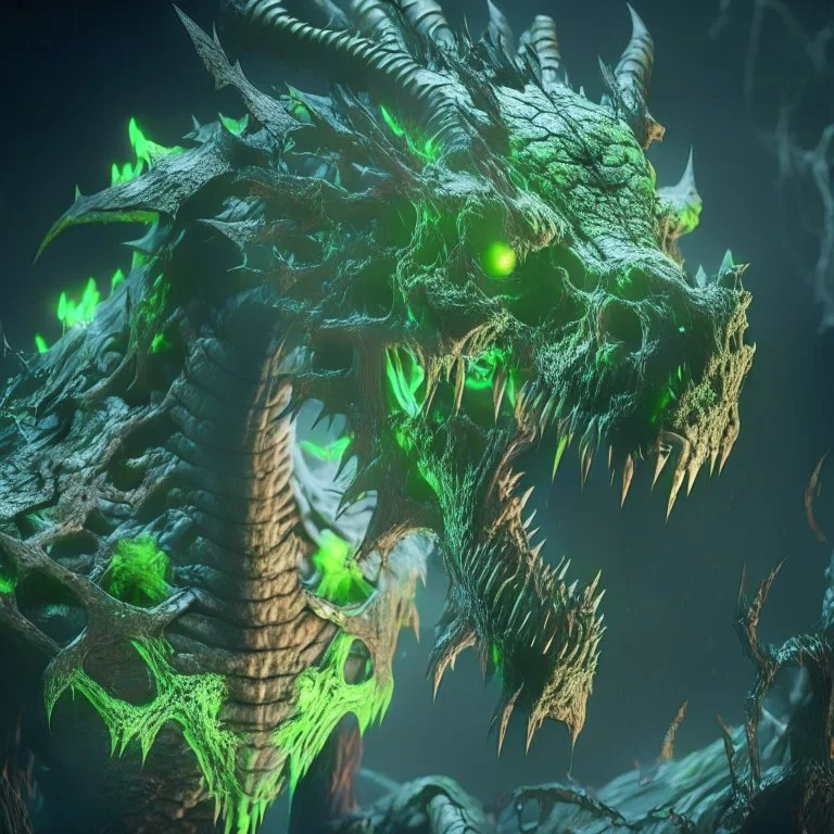 Giant horrific zombie dragon made of bones and rotten flesh, covered with glowing green slime, photorealistic, unreal engine 5, masterpiece, trending on artstation