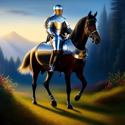 Ultra detailed fullbody Portrait in oil on canvas of Medieval Knight with plate armor riding a horse,extremely detailed digital painting, extremely detailed face, crystal clear eyes, mystical colors ,perfectly centered image, perfect composition, rim light, beautiful lighting,masterpiece ,8k, stunning scene, raytracing, anatomically correct by Seung Eun Kim and simon bisley and Caravaggio,16k