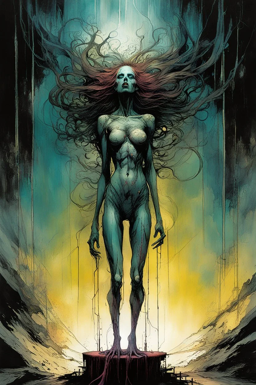 a surreal full body portrait of the inner workings of her disturbed mind as a nightmarish charnel house of screaming pain , in the comic book style of , Bill Sienkiewicz, , Alex Pardee , and Jean Giraud Moebius, muted natural color, sharp focus, ethereal , dark and foreboding