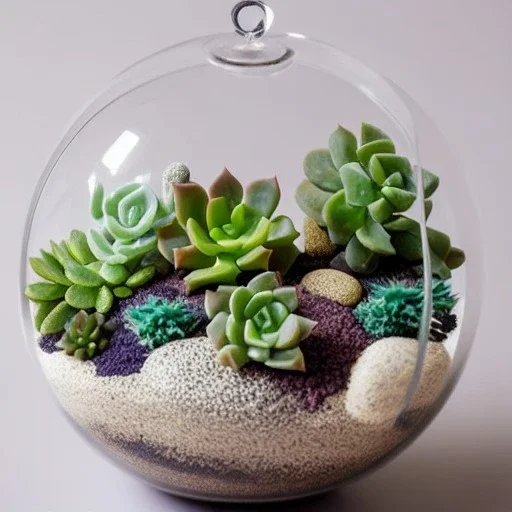 overfilled succulent terrarium in a glass orb, pebbles, pastel colors, warm lighting, linen backdrop