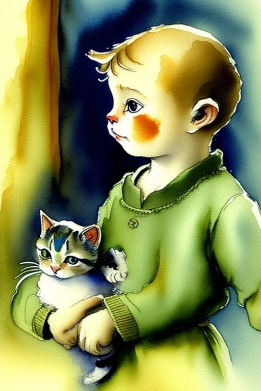 A cute cat is holding a kitten. Watercolour