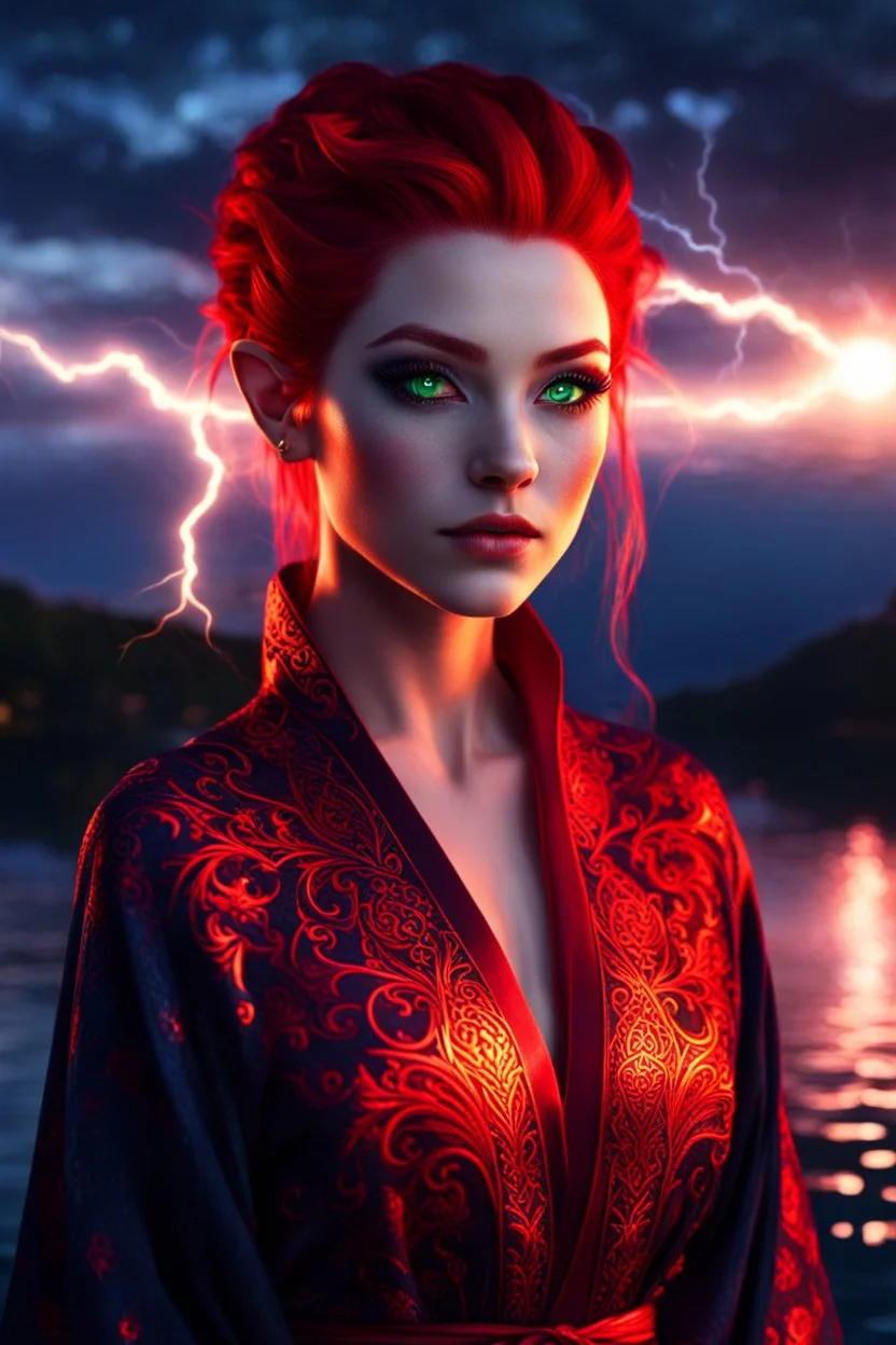 detailed eyes, female half elf, red sleek and chicz hairstyle, detailed glowing ornamental magical pattern robe, glowing gem crackling with lightning implanted on robe, 8k, high detail, lake background, midnight, facing viewer, front facing