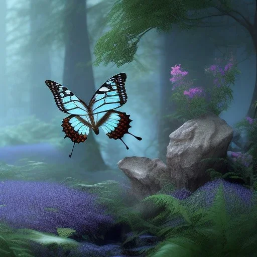 intricate details, realistic, octane,colorfull unreal engine, ,zoomed out + portrait, volumetric lighting, shiny,extreme detail, Photorealism, High detail, Hyper realistic butterflies in blue forest, macro lens blur,abstract paint, sharp,eos5d mark 4, ef 85mm 5.6, focus