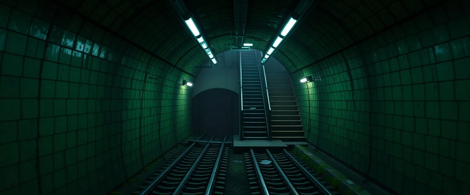 GAME CONCEPT ART .two poin perspective.Station platform and stairs from side .photograph inside of hole .very big ambient.gient station.Inside the old subway tracks, . Low light and closed green moss walls. Like the original design of the game space ,digital art.landscape,far camera old painting,2 Chen and George Hopper, Rembrandt lighting, a dark green color scheme, . --ar 13:16 --v 6. 0 metro game