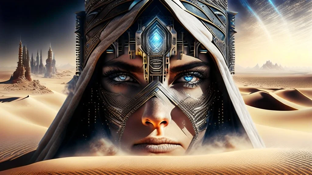 White desert sands with black tower painterly fantasy art matrix style cyborg portrait detailed symmetrical realistic eyes steampunk cyborg cyborg intricate detailed to scale hyperrealistic dark lighting digital concept art