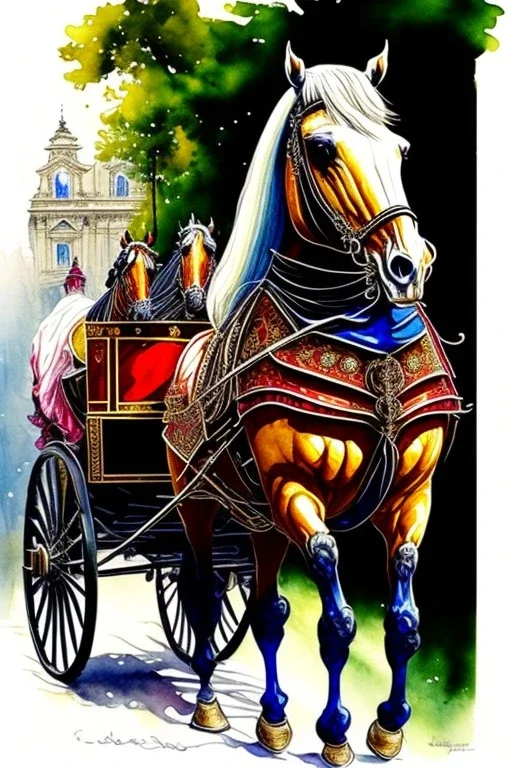 Fiacre, carriage with two horses in Vienna. Aquarell.