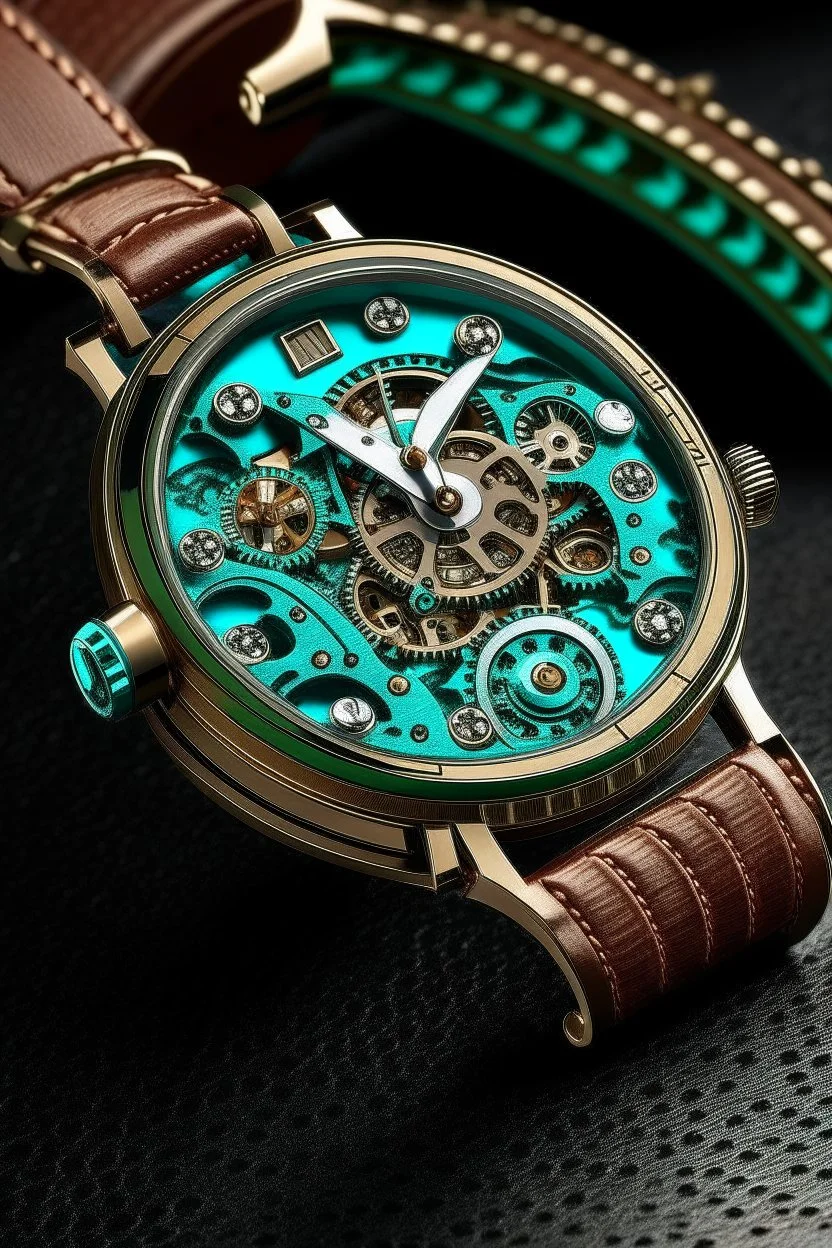 Generate an image portraying the antique clockwork mechanism within a vintage turquoise watch band, symbolizing the precision and stability of a well-crafted journey.