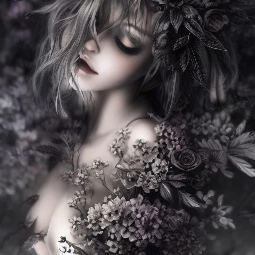 Black flowers and beautiful girl ultra-realistic, highly detailed, masterpiece, delicate detailed, sharp focus, insanely detailed, fantasy art, intricate detailed, elegant, fog, Special Lighting, Vibrant, color Scheme, forest, unreal engine 5, trending on artstation, anime