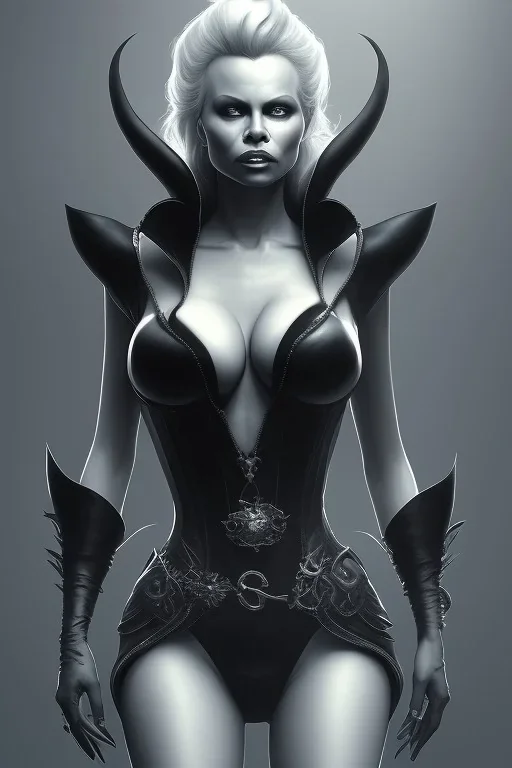 Pamela Anderson as evil queen in black leather, leather, busty, cleavage, angry, stern look. character design by cory loftis, fenghua zhong, ryohei hase, ismail inceoglu and ruan jia. unreal engine 5, artistic lighting, highly detailed, photorealistic, fantasy