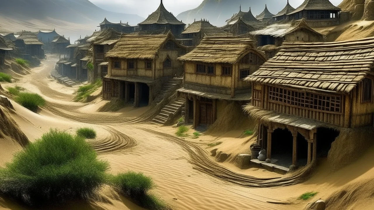 ancient, fantasy, chinese town, dune, crater, sand strom, destroyed chinese houses