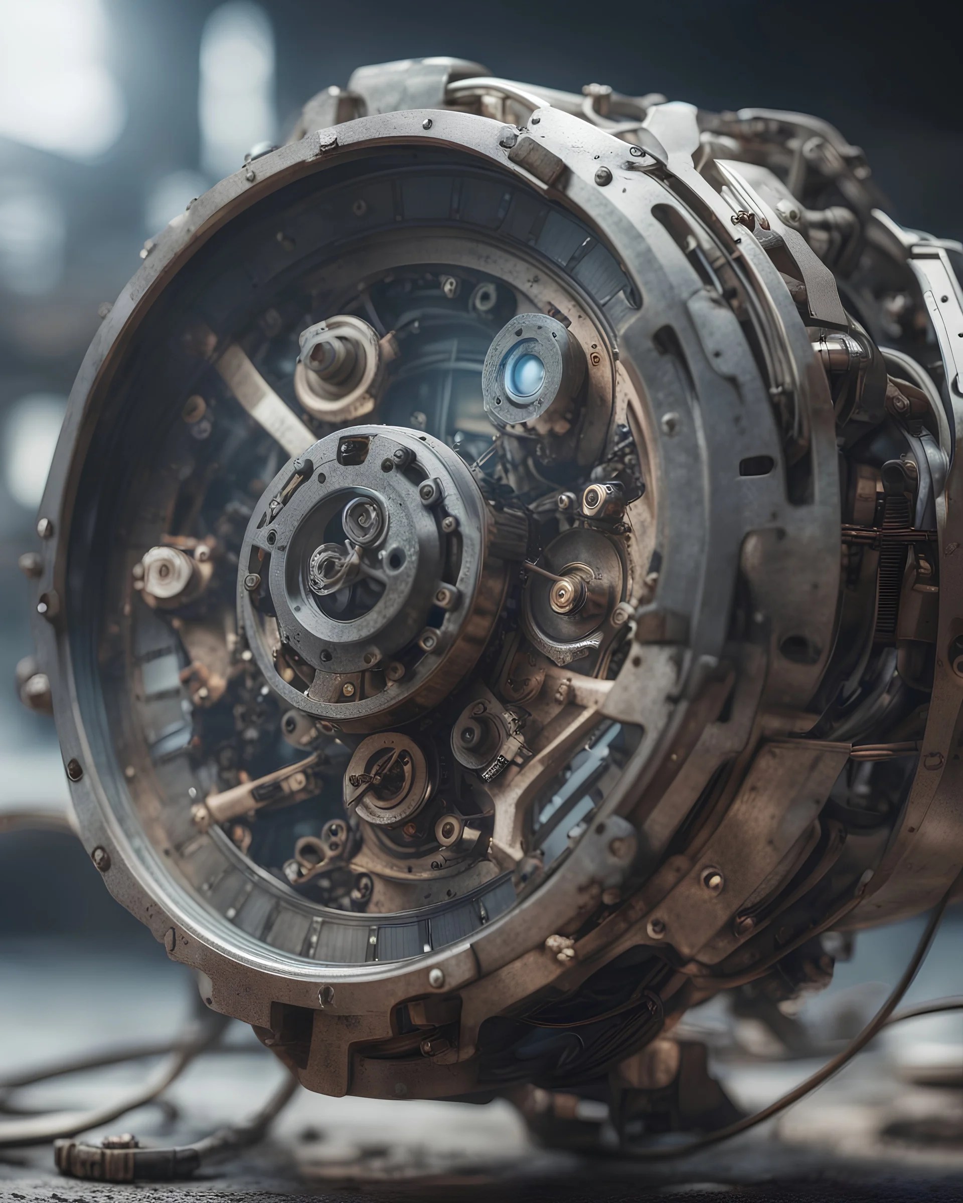 Futuristic gadget watch made with engine parts and wires dysoptia cyberage HAWKEN postapocalyptic dysoptia scene photorealistic uhd 8k VRAY highly detailed HDR