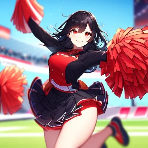 Clear focus, High resolution, long black fluffy hair, red eyes, chopped bangs, wearing a cheerleading outfit, jumping, wearing a skirt, legs together, smiling, Extreme Close up of eyes