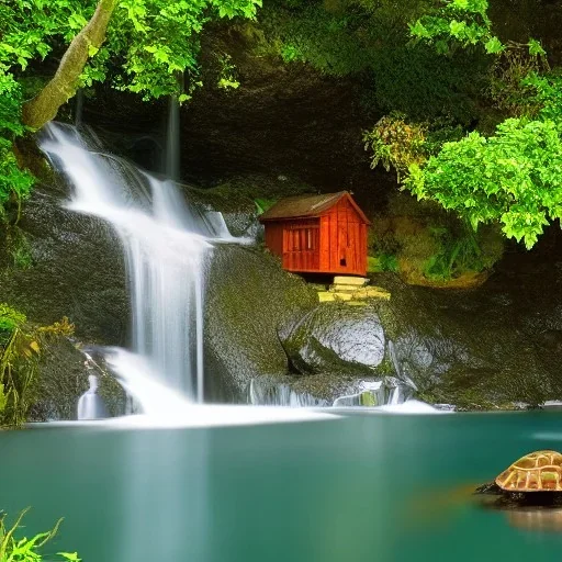 turtle and waterfall and house