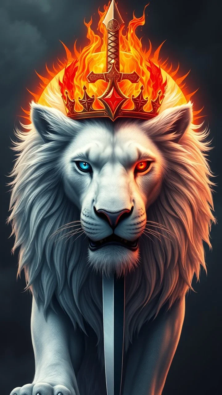 A powerful white lion with one blue eye and one red eye and a crown of fire on its head in the center of the image with a blazing sun and sword behind its head.