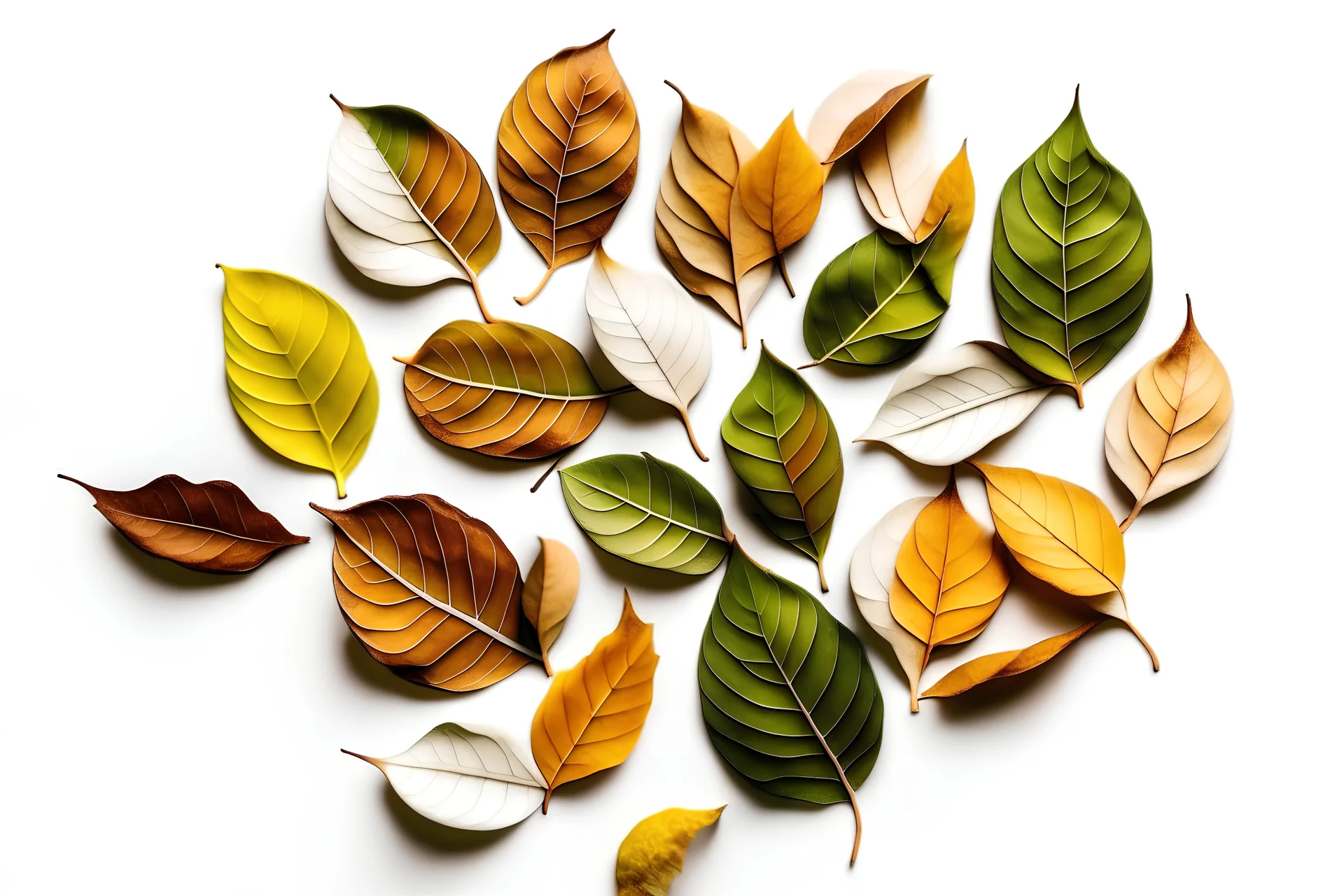 Leaves stacked on top of each other on a white background and seen from above