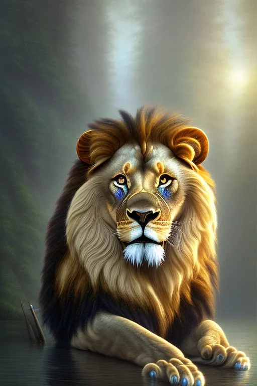 high-quality, fine-detail beautiful, lion warrior, clear reflective lake, tranquil, stunning, 8k resolution, intricate, digital art, detailed matte, volumetric lighting, George Grie, Anne Dittman, Anne Stokes, Lisa Parker, Selina French, Alphonse Mucha