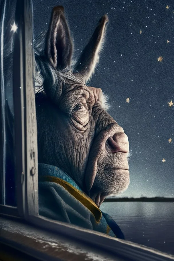 grandpa donkey portrait with background star field seen in the window of a boat, 4 k, trending art, depth of field, high detail, high contrast