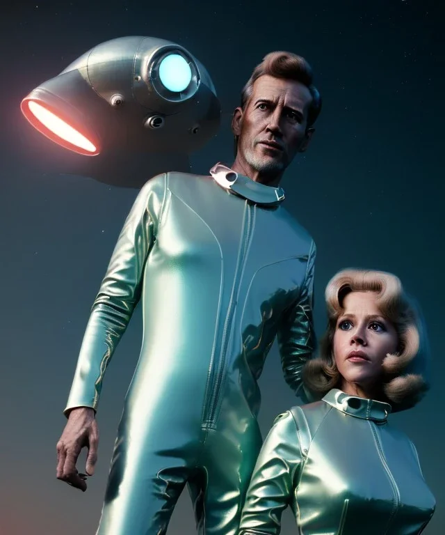 Ultra Realistic retro sci-fi image from 1960, spaceship, sweet young woman Jane Fonda with a man, dress with tight latex coat and retro glass helmet, Retro sci-fi style, soft color, highly detailed, unreal engine 5, ray tracing, RTX, lumen lighting, ultra detail, volumetric lighting, 3d, finely drawn, high definition, high resolution.