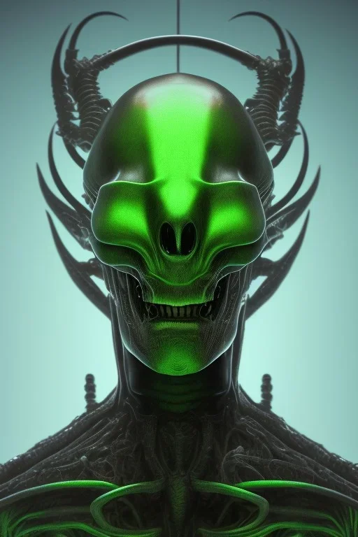 green alien, head, evil, black eyes, big silver teeth, weapons, blood, 8k, finely detailed, photo realistic, HR Giger style